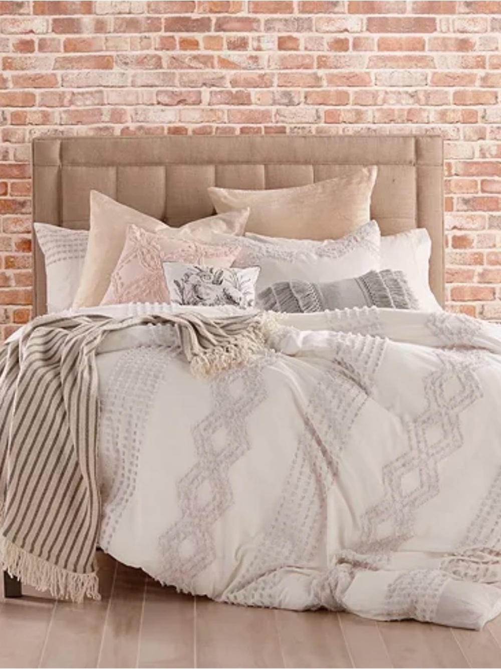 White duvet cover with purple embellishments